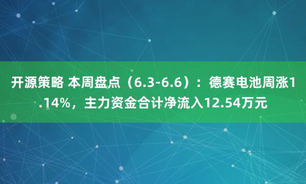 开源策略 本周盘点（6.3-6.6）：德赛电池周涨1.14%，主力资金合计净流入12.54万元